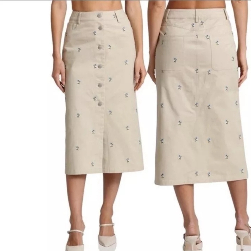 Avec Les Filles beige khaki cotton embroidered flower Midi Skirt size L